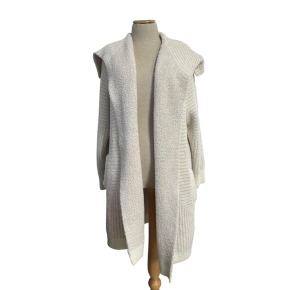 Barefoot Dreams Angular Stripe Cardi Sweater Fuzzy Long Pockets Cream Tan Stripe - Picture 2 of 12